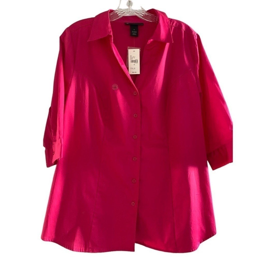 Blouse top button down Lane Bryant collar elbow sleeves V-neck NWT berry 14
C